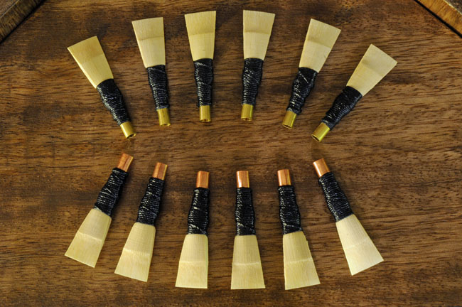 Caldwell DC2 reeds (top) feature a seamless brass staple; DC1 copper staple reeds shown below. Caldwell_DC2reeds_med