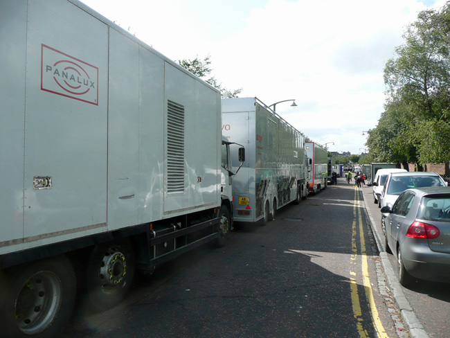 BBC Scotland production trucks behind the scenes at the 2009 World Pipe Band Championships.