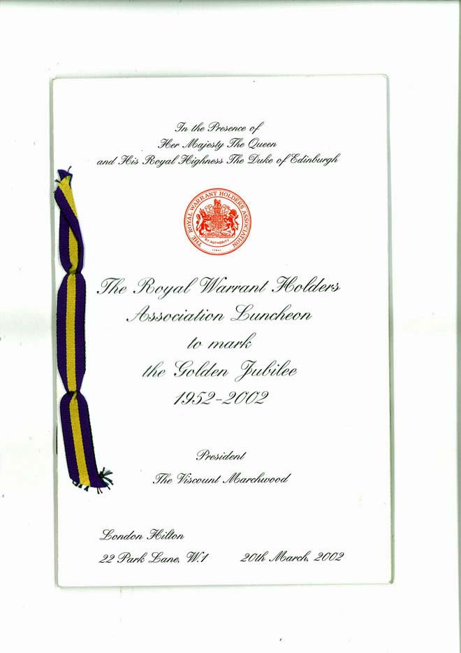 The dinner menu from the 2002 gala with the Queen for royal warrant-holders.