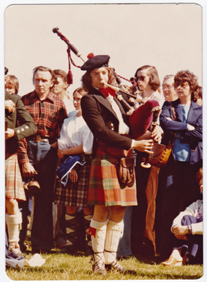 Fourteen-year-old Bruce Gandy playing his late father's pipes at the 1977 Victoria Highland Games in British Columbia.