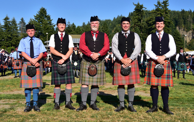 Pipe-Majors of 2016 BCPA Grand Aggregate-winning bands (L-R): Robert Malcolm Memorial V, Northwest Junior, Greighlan Crossing, Portland Metro, Simon Fraser University.