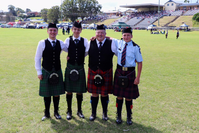 Solo piping champions at the 2017 Maclean Highland Gathering (L-R): Ben Morris, Austin Manchadi, Andrew Roach and Oliver Cordell.
