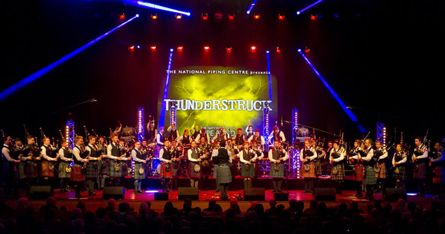 The collective National Youth Pipe Bands of Scotland on stage in 2016.