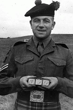 Sandy Hain, winner of all three solo piping events at the Dunblane Highland Games, c.1956.