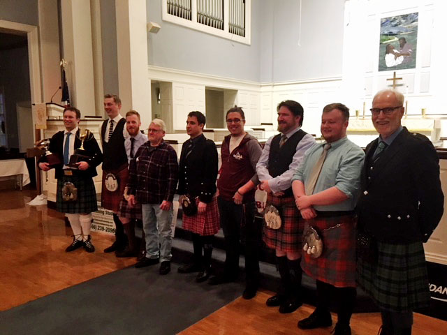 Professional competitors in the Pipe-Major Ian Swinton Open (L-R): Teddy Krogh, Palmer Shonk, Nick Hudson, Ian Swinton, Andrew Lewis, Laureano Thomas-Sanchez, David McNally, Jack Williamson and Ken Liechti.