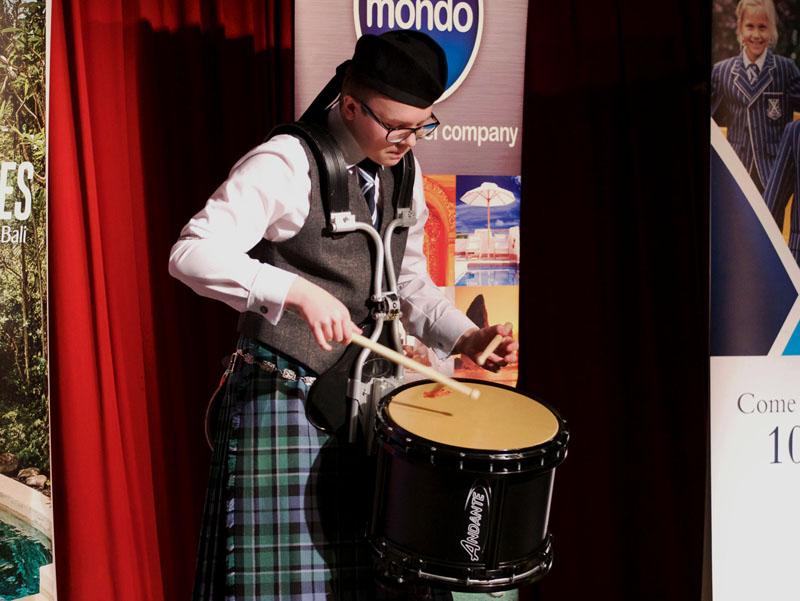 Douglas Bilsland on his way to winning the 2018 New Zealand Young Drummer of the Year title.