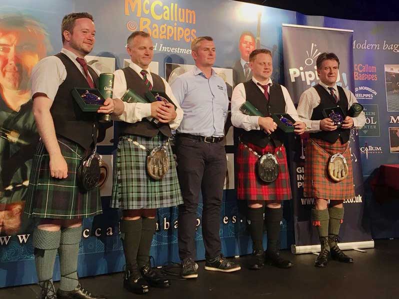 Competitors and sponsors at the 2018 P-M Alasdair Gillies Memorial Recital-Challenge, (L-R) Alex Gandy, Stuart Liddell, sponsor Stuart McCallum of McCallum Bagpipes, Callum Beaumont, and winner Angus D. MacColl.