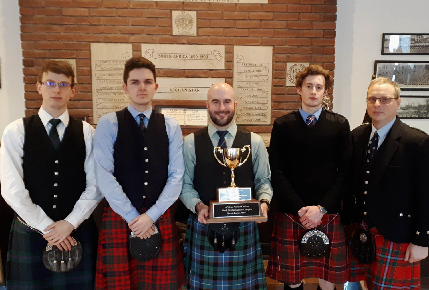 Amateur Solo Piping Toronto Knockout prizewinners (L-R): Mitchell Arnold, Colin Johnstone,Charles-David Mitchell, Harrison Little, Iain Dewar. Charles-David Mitchell was the winner of the Reay Mackay Trophy for MSR playing.