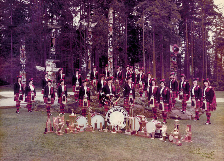 The Vancouver Ladies Pipe Band in Stanley Park, Vancouver, c 1979