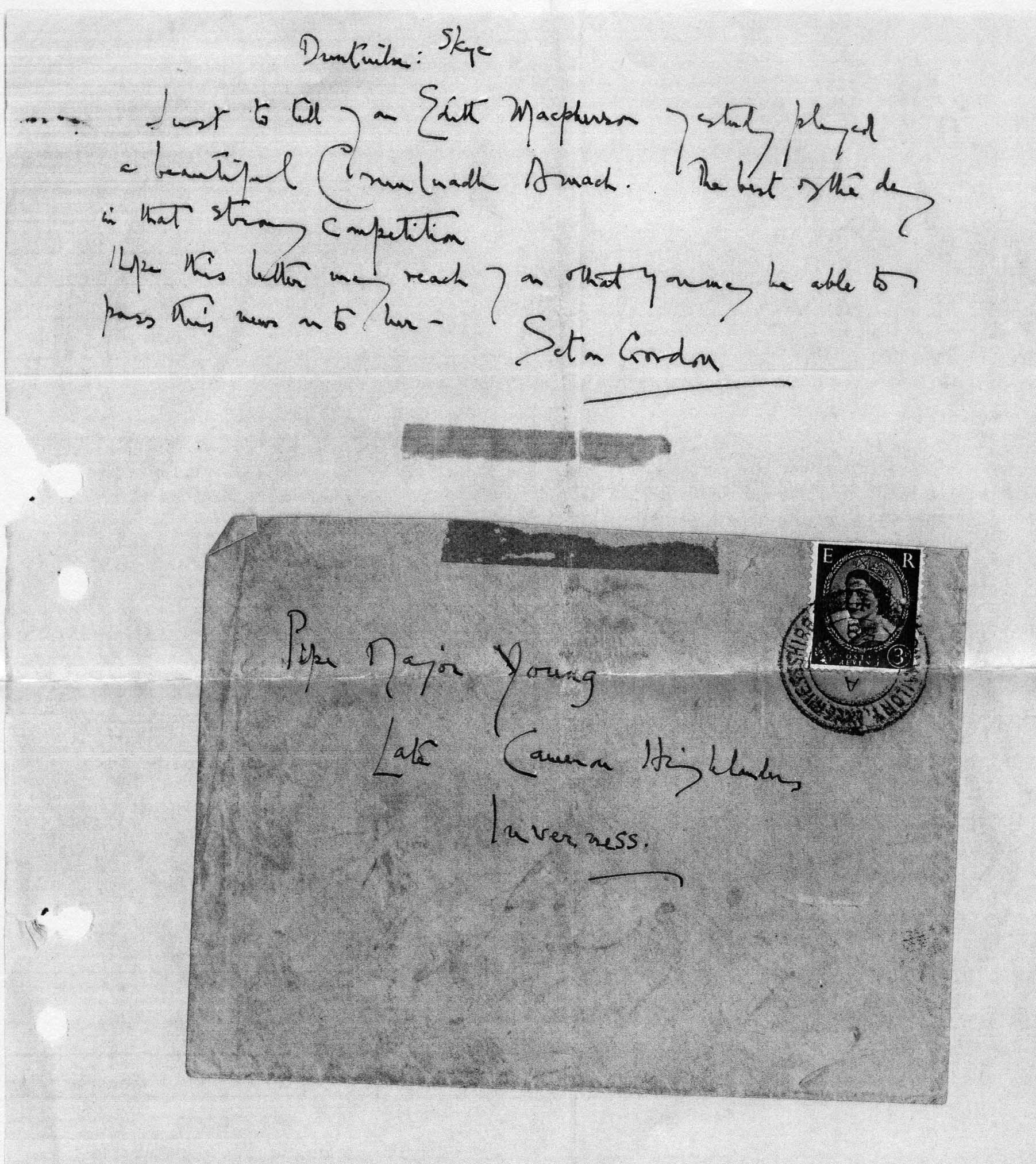 A letter to Edith MacPherson from the piping judge Seton Gordon, who was more accomplished as a naturalist than a piper.