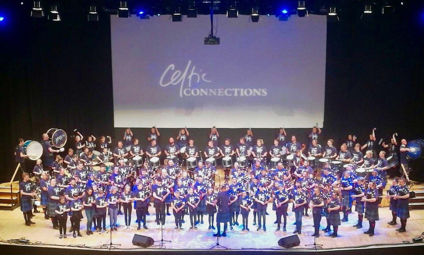 The size of the Johnstone organization was fully appreciated when all bands took the Glasgow Royal Concert Hall stage at the 2018 Celtic Connections festival.
