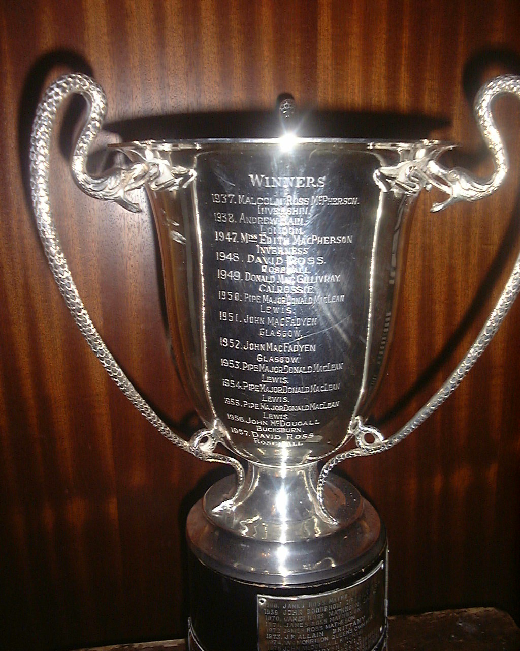 Kincraig Cup for Piobaireachd, Invergordon Games, features Edith MacPherson winning in 1947, and a host of some of the greatest pipers in history.