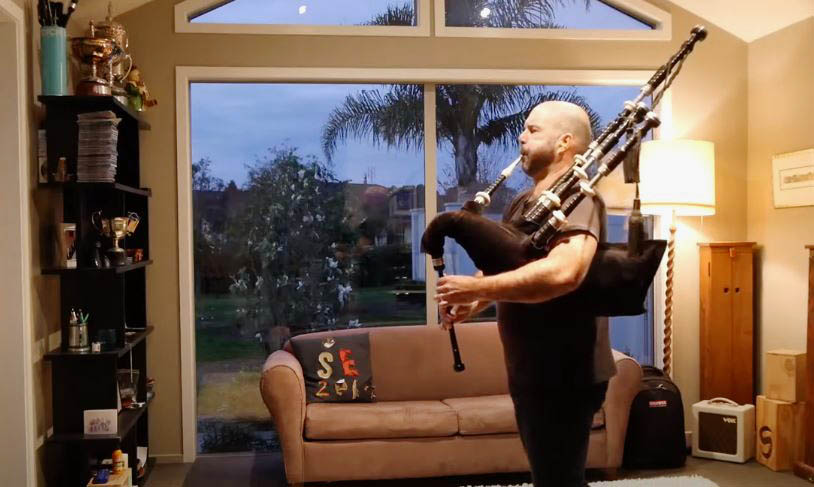Brendon Eade of New Zealand on his way to winning the Open Solo Piping category of the 2020 World Online Piping Championships.