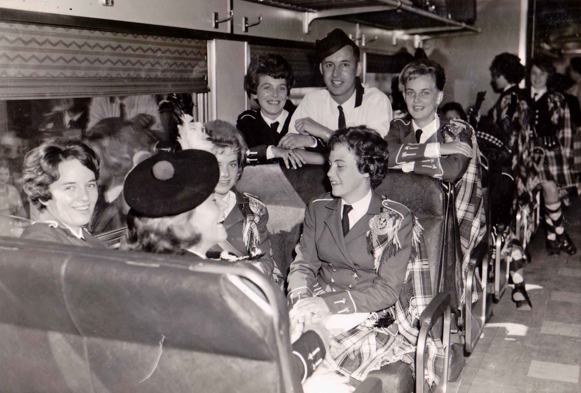 Members of the Spring o' Heather on board the train for the three-day journey east.