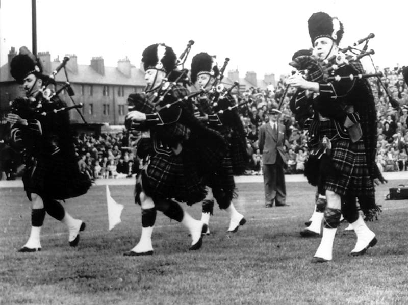 The Edinburgh City Police Pipe Band competing at the 1950 World Pipe Band Championships.