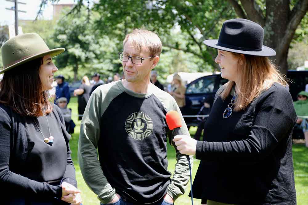 Dr. Ashley Bromfield being interviewed by Libby O'Brien (left) and Courtney Williamson for the live broadcast of the Palmerston North Square Day competitions.