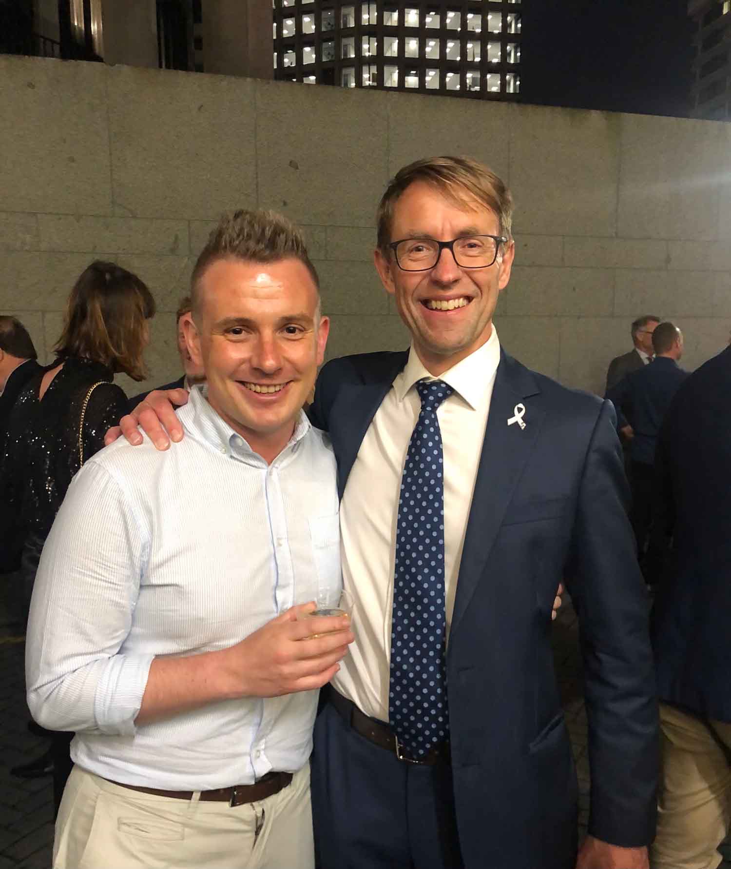 Liam Kernaghan (left) with former bass drummer and New Zealand's Director-General of Health, Dr. Ashley Bromfield.