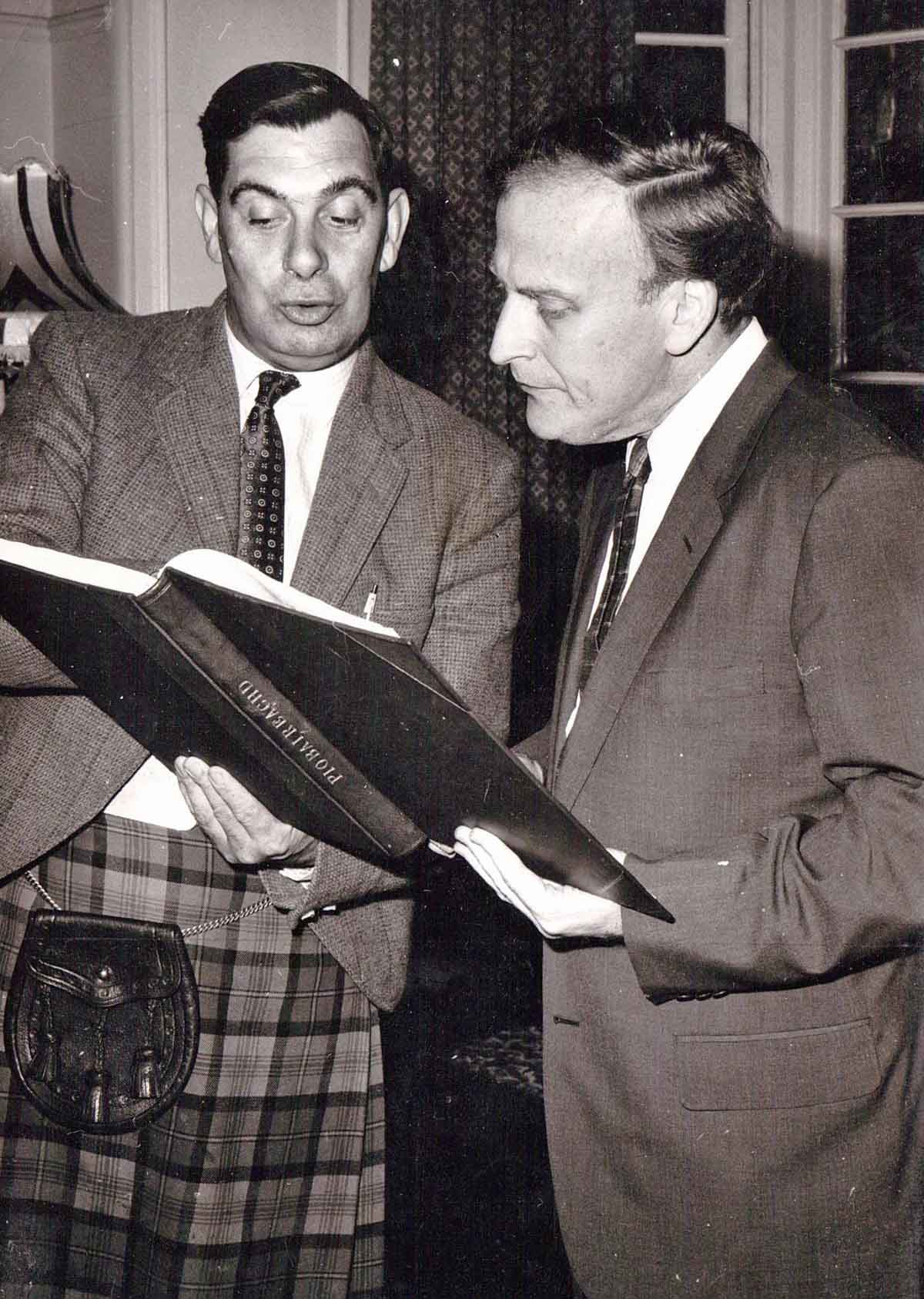 John MacLellan (left) going through a piobaireachd with the legendary violinist, Yehudi Menuhin, 1963.