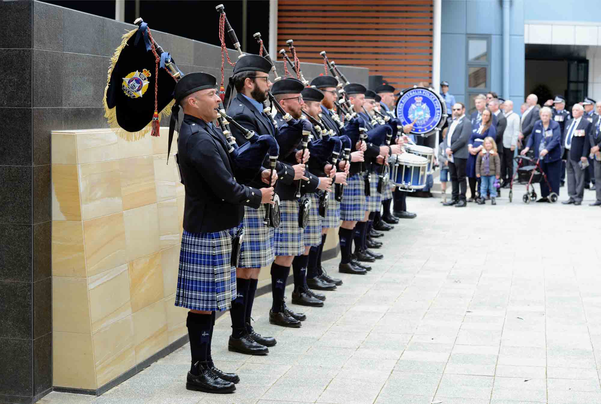 Members of the Western Australia Police Pipe Band at a Remembrance Day performance in 2021.