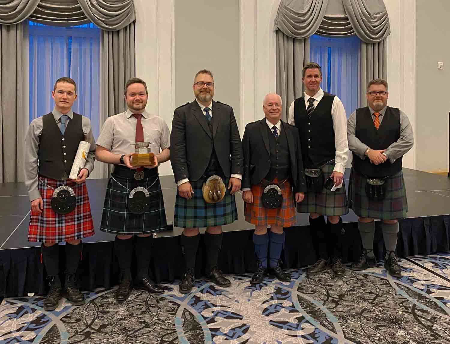 Prairie Piping Invitational competitors and judge (L-R): Raphael Mercier, Alex Gandy, Daniel Lidgren, Jim McGillivray, Stewart Smith and Sean Somers.