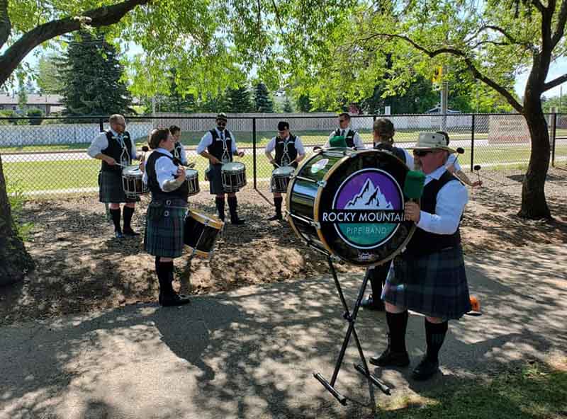 Rocky Mountain's drum section practicing before competing at the 2022 Sherwood Park Highland Games.