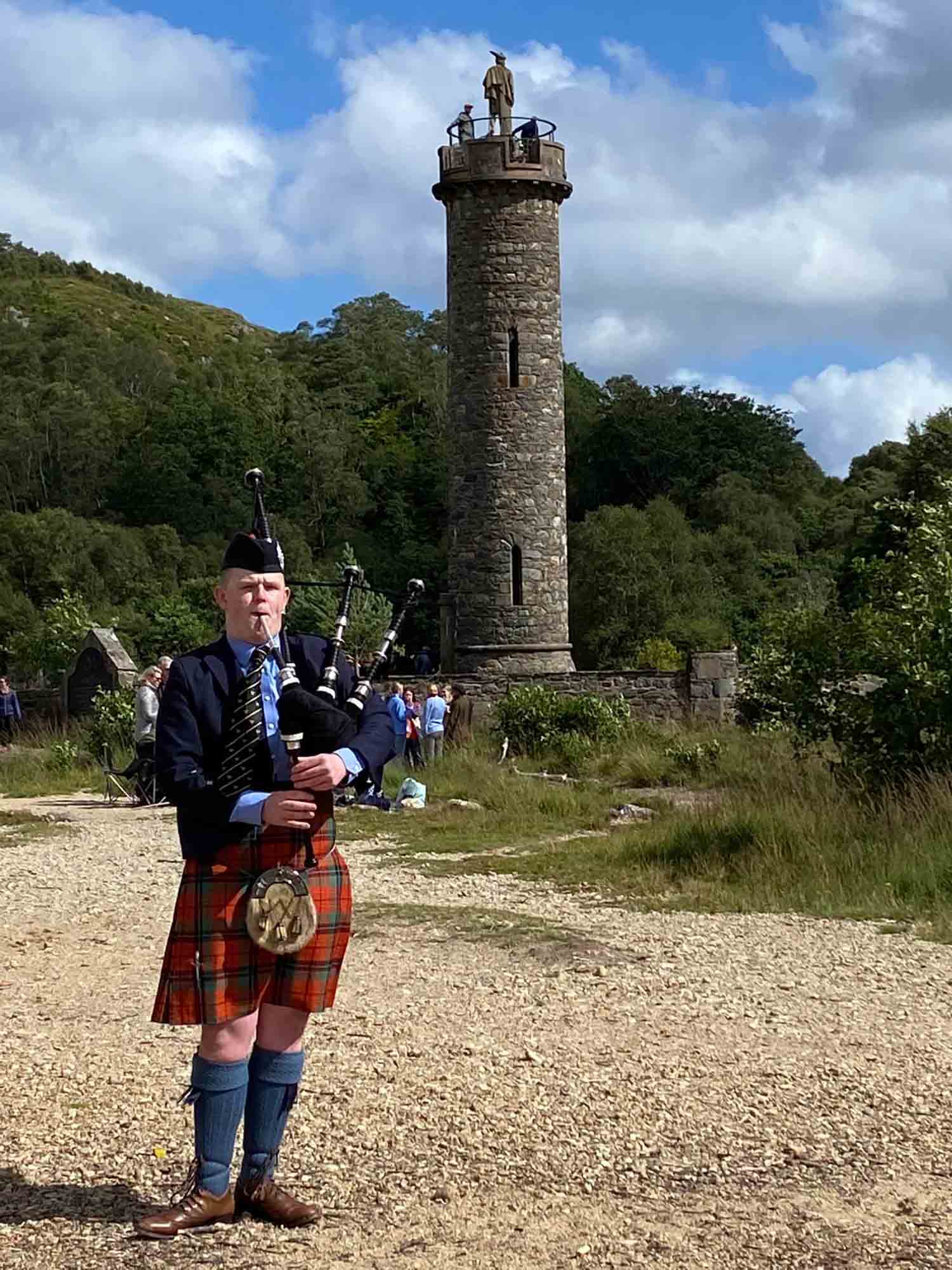 Liam Nicholson of Australia playing at the monument to Bonnie Prince Charlie at the Glenfinnan Highland Gathering. Nicholson enjoyed a first in the Strathspey & Reel, second in the Piobaireachd, and third in the March for pipers 17 and younger.