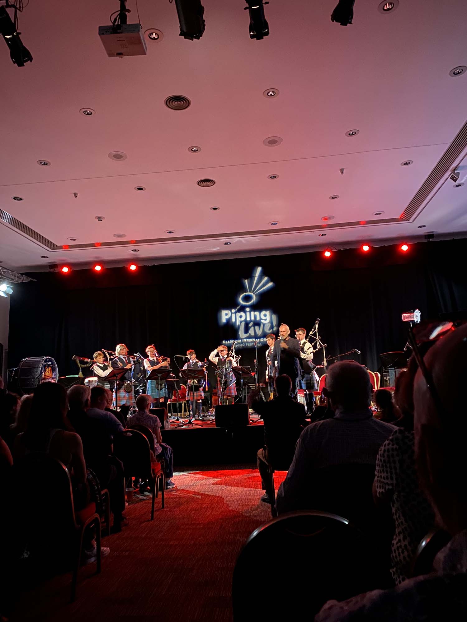 The National Youth Pipe Band of Scotland on stage at the Strathclyde Suite.