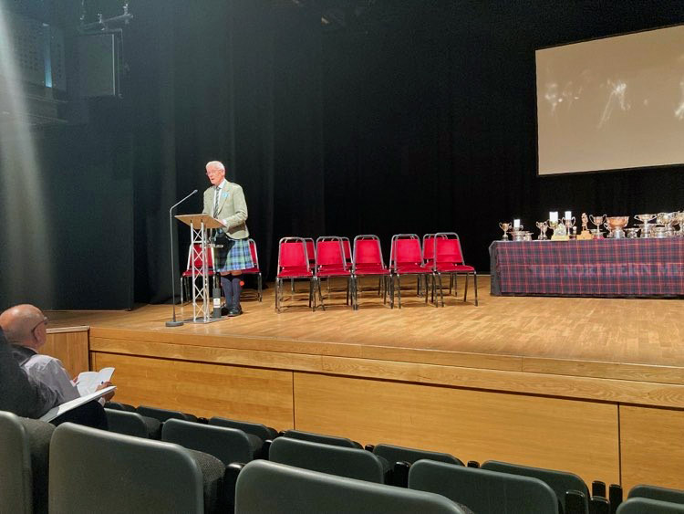 Northern Meeting Piping Convenor Alan Forbes at the beginning of the Friday prize-giving ceremony at Eden Court Theatre.