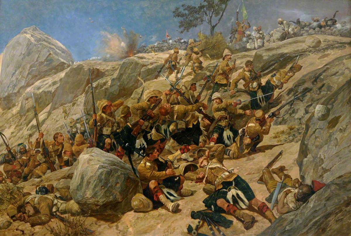 Piper George Findlater of the Gordon Highlanders continues to pipe after being wounded at the Battle of Dargai Heights in 1897. Findlater played the Gordon's regimental march, "The Cock o' the North," to inspire his comrades, and was awarded the Victoria Cross for his courage.