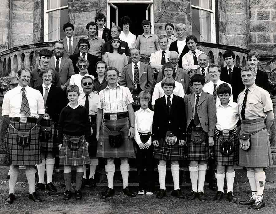 Andrew Wright, front far right, an instructor at the annual summer school held at Stirling University. Modeled after those in North America, it was probably the first weeks-long piping school in the UK.