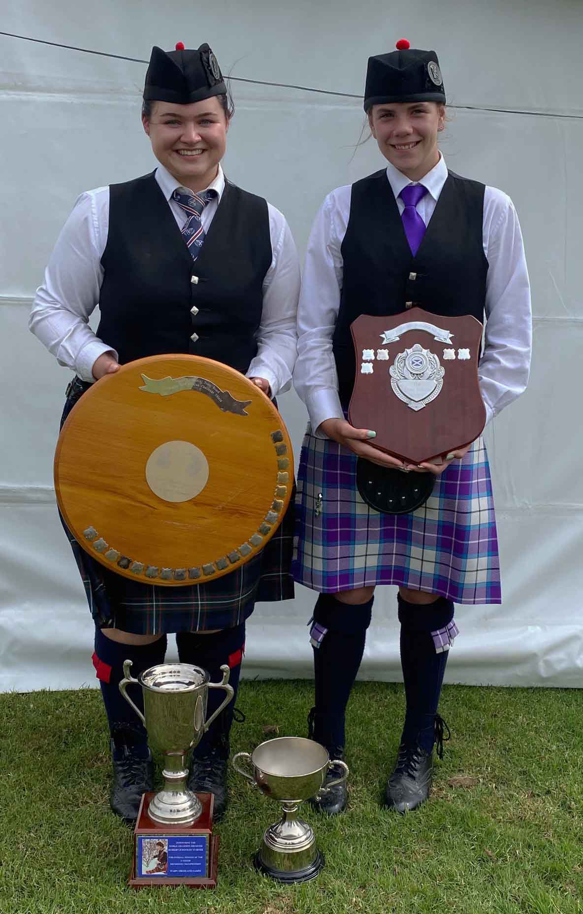 Georgia Eagle (left) and Alanna Brook, winners of the Open Snare and Open Tenor drumming at the 150th Waipu Highland Games.