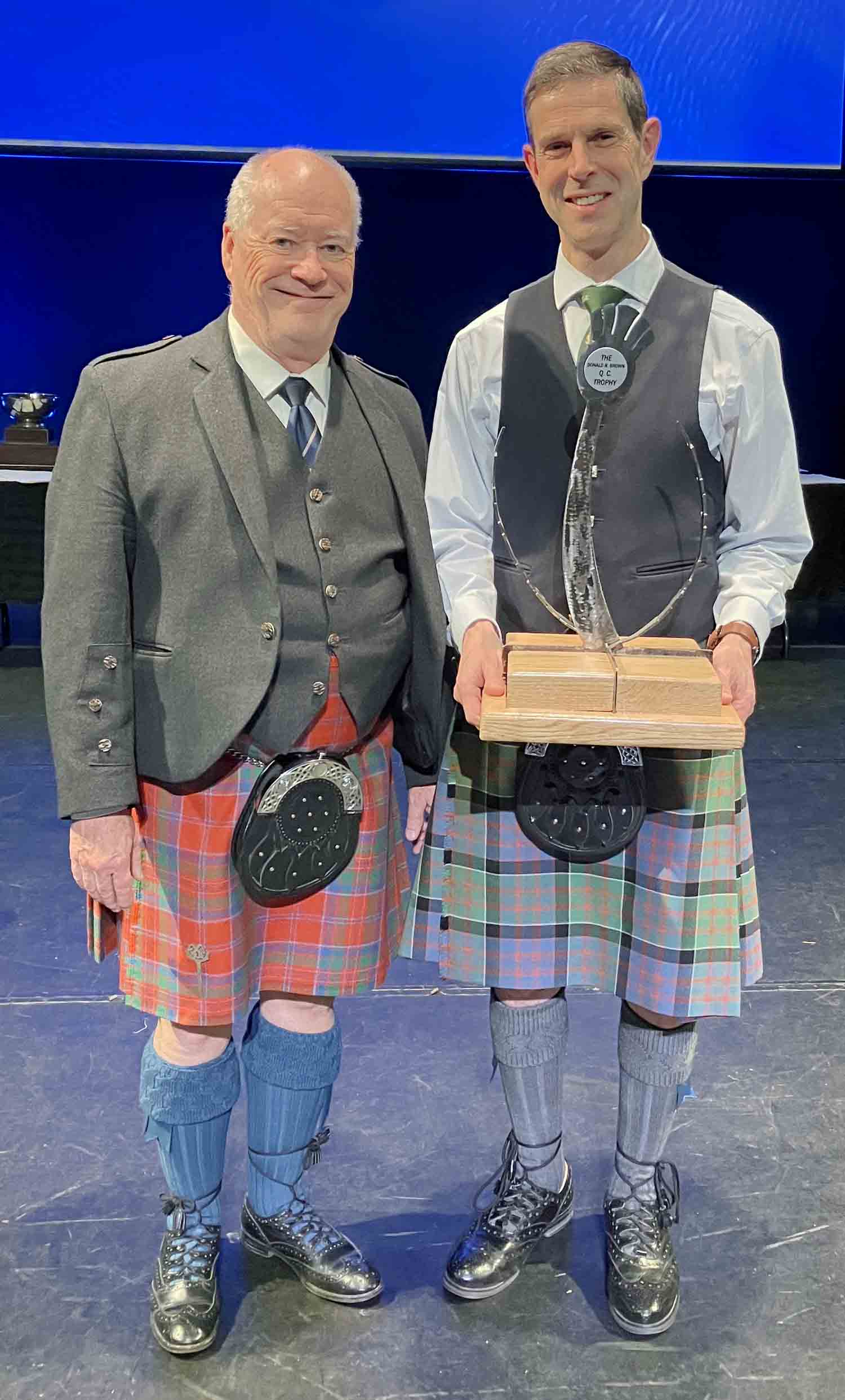Judge Jim McGillivray (left) and 2023 Atlantic Canada Piobaireachd Challenge winner James MacHattie.