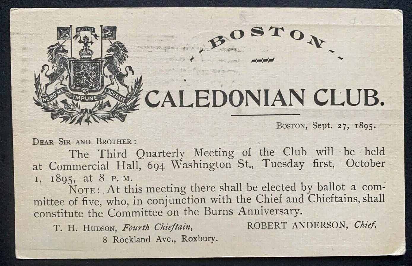 A meeting notice for the Boston Caledonian Club, 1895