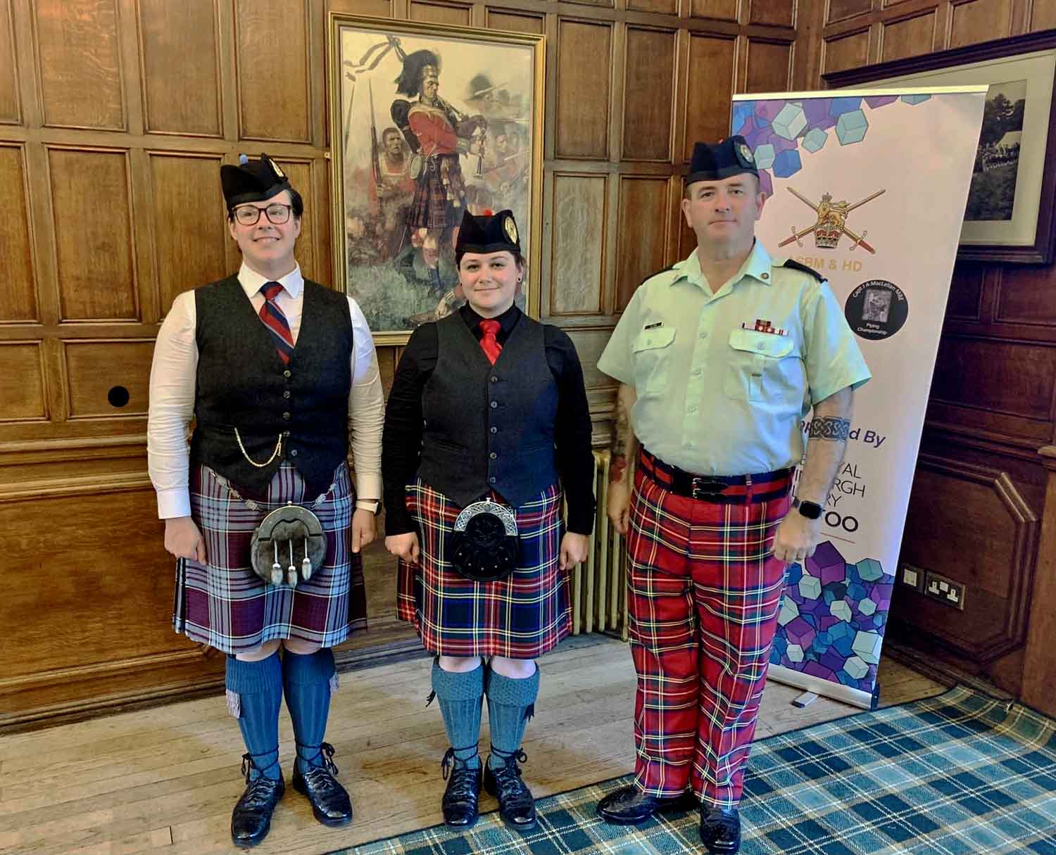 Canadian Armed Forces pipers at the 2023 British Army Piping & Drumming Championships (L-R): Master Warrant Officer Katie Buckland, Canadian Air Force Senior Pipes & Drums Advisor; Corporal Kate Kimove, 2 Canadian Mechanized Brigade Group; and Pipe-Major Alan Clark, Canadian Ceremonial Guard