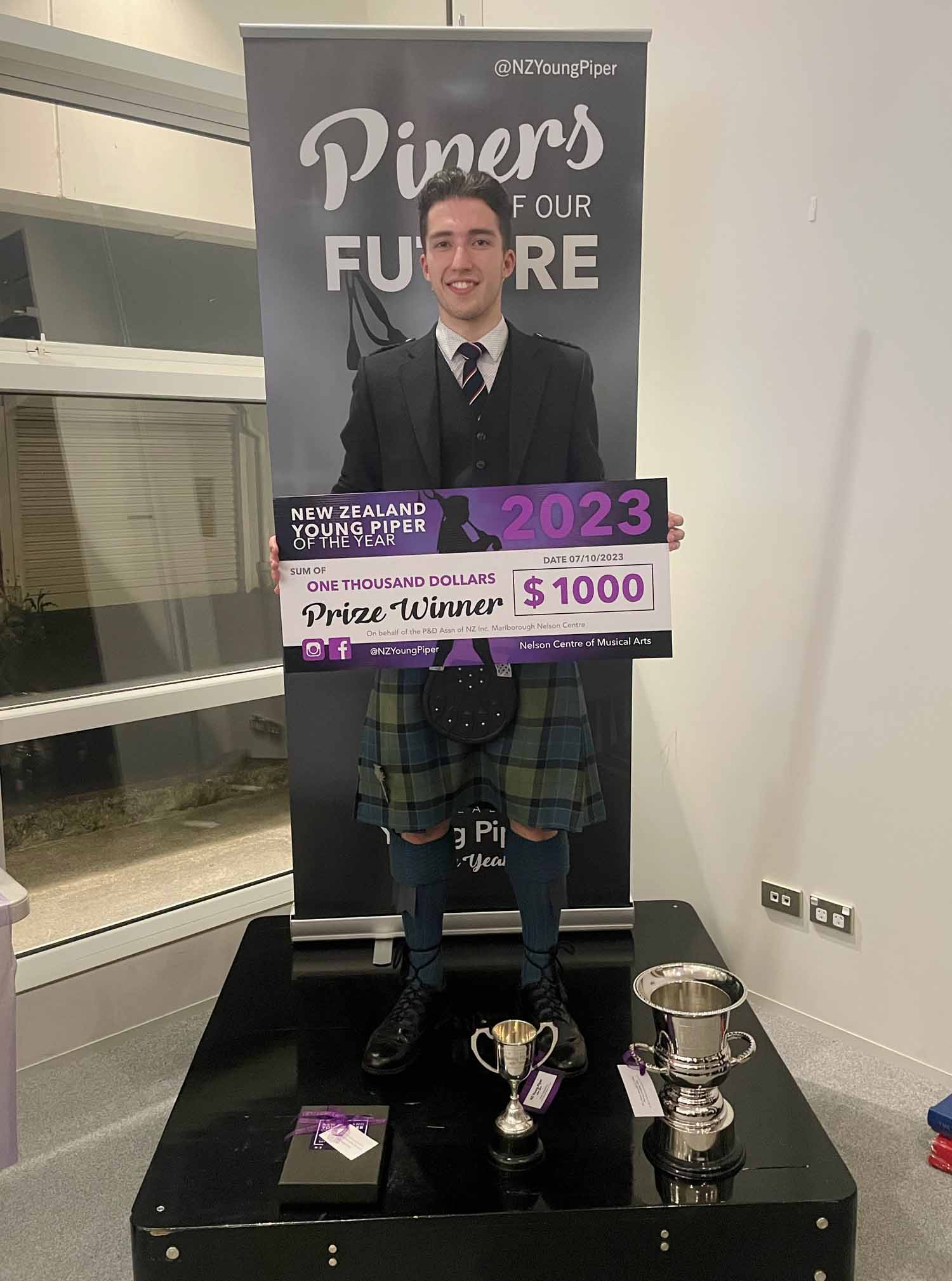 Campbell Wilson with his haul of prizes after sweeping the 2023 NZ Young Piper of the Year in Nelson.