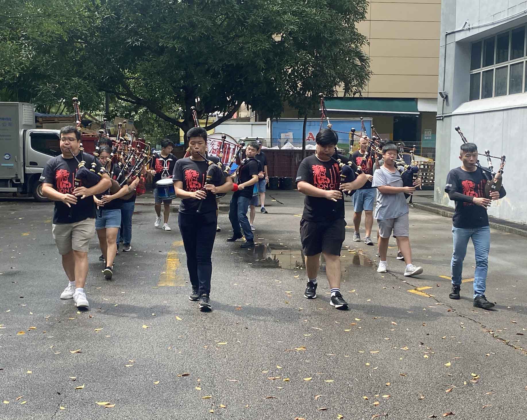 The Lion City Pipe Band practicing in Singapore.
