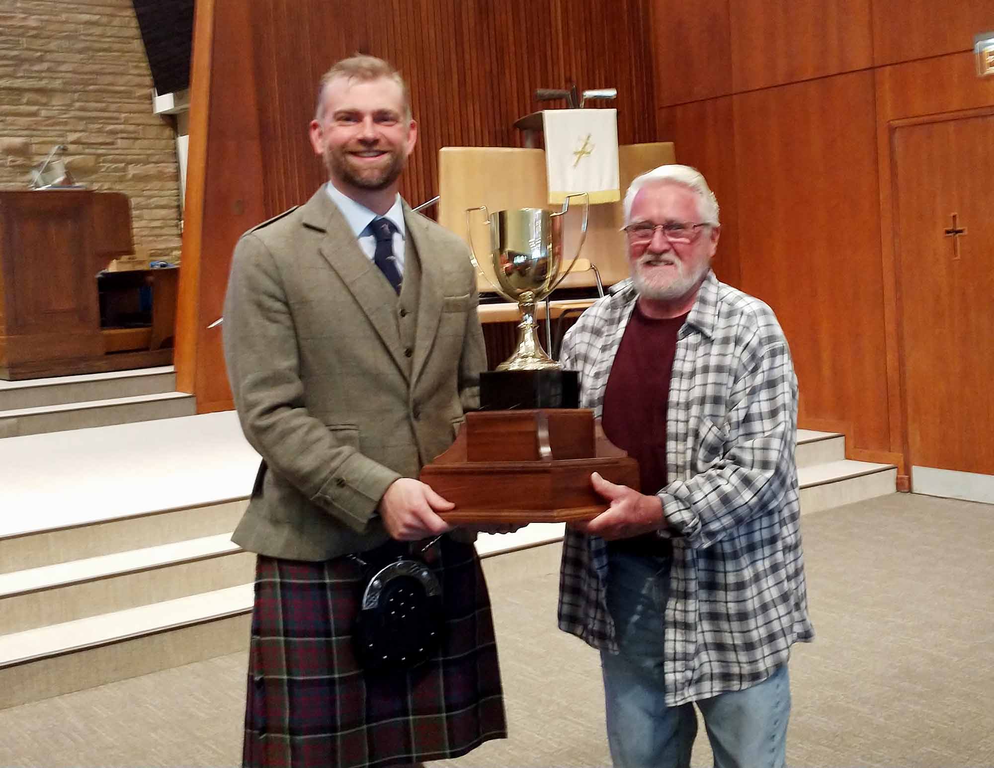 Derek Midgley (left) with Ian Swinton, namesake of the P-M Ian Swinton Open Professional Solo Piping Competition.