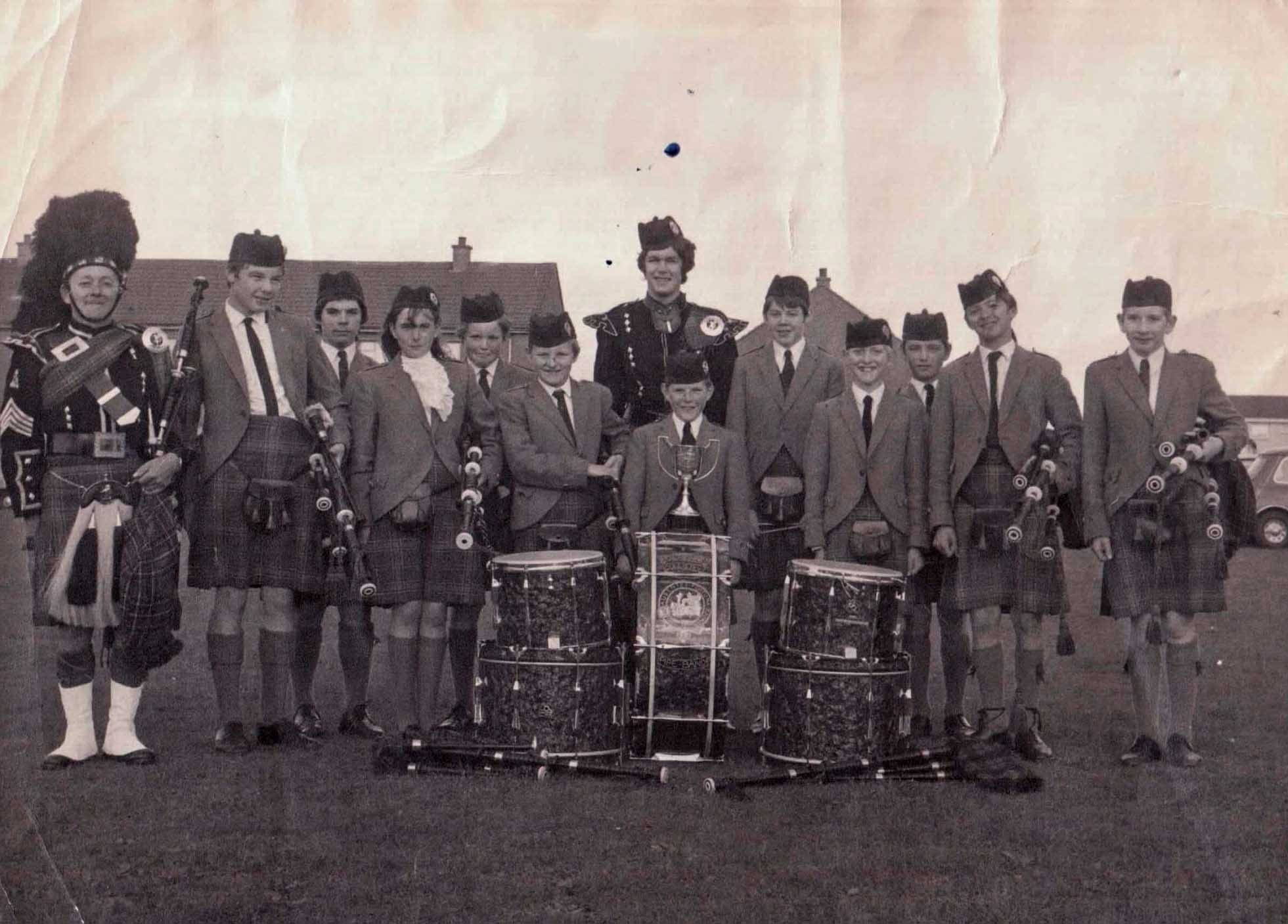 Whitrigg Colliery Juvenile Pipe Band c.1970. A few notables are P-M Johnny Barnes, Robert Mathieson (sixth from left), and Gordon Stafford (furthest right).