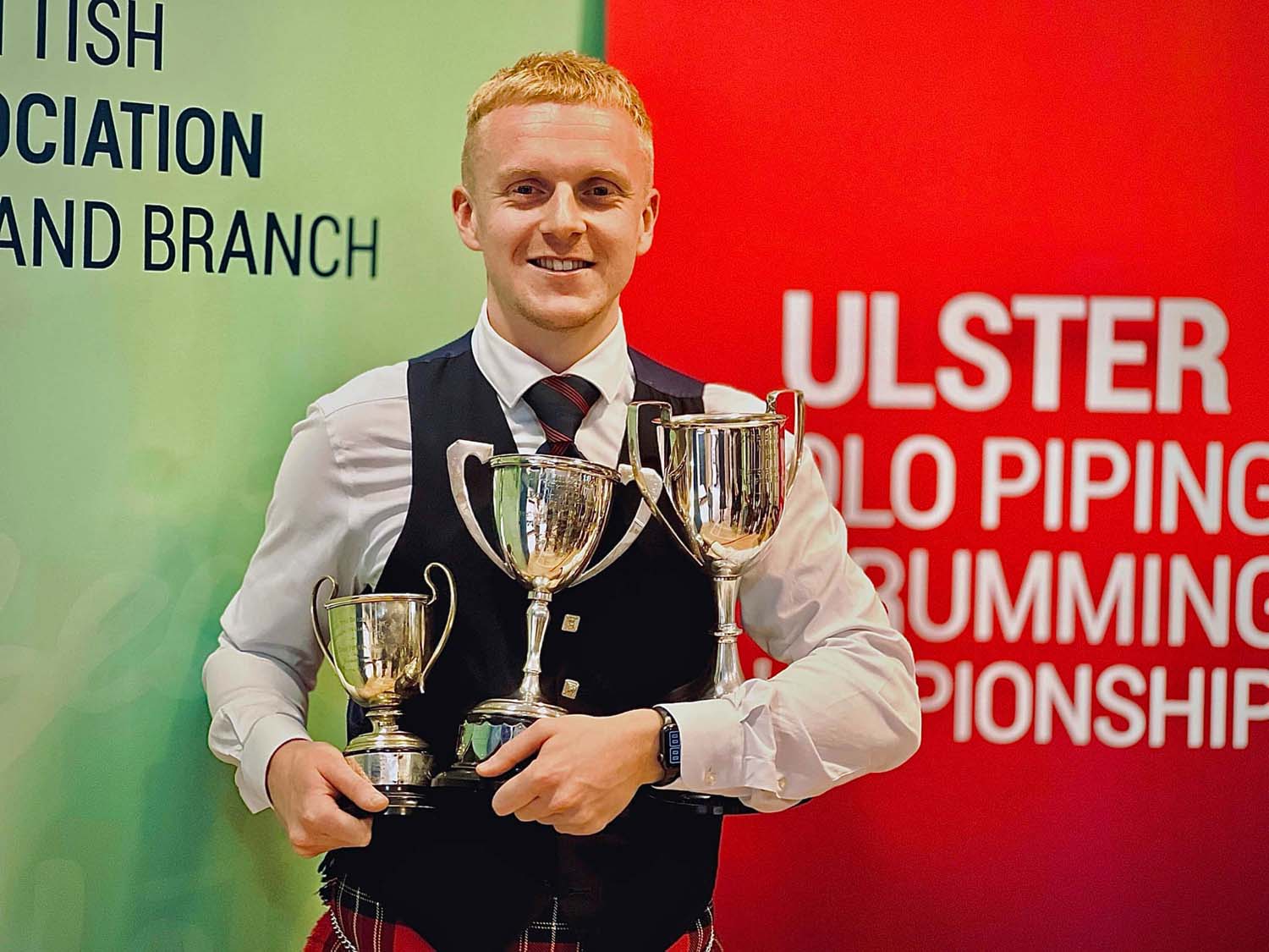 Alastair Donaghy with his haul of trophies from the 2025 Ulster Solo Piping Championships