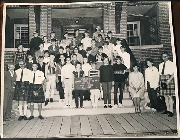 The piping and drumming school, 1967. I'm at the far left, wearing a plaid shirt, sitting on the handrail.