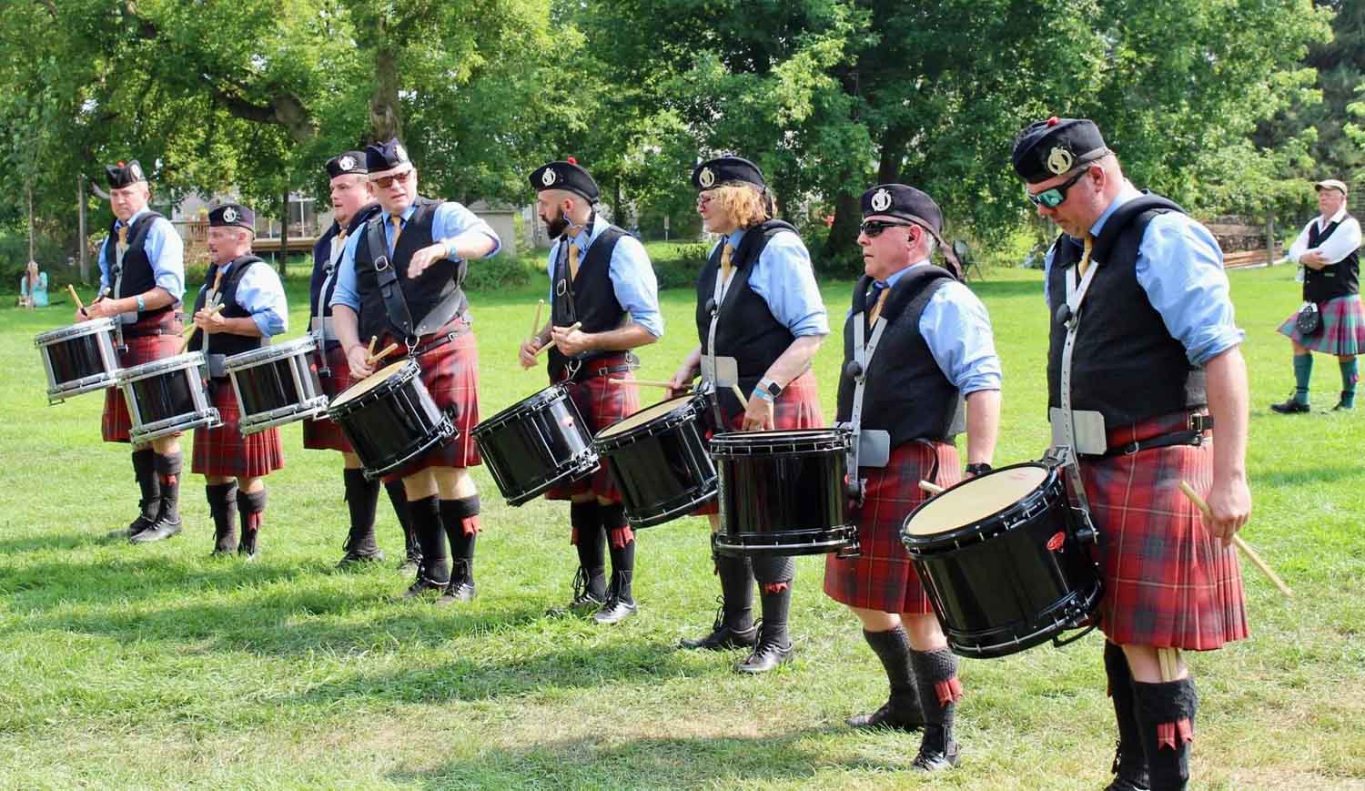Lead-Drummer Scott Armit (centre) working with his Grade 3 Commonwealth drum section, Glengarry Highland Games 2024.