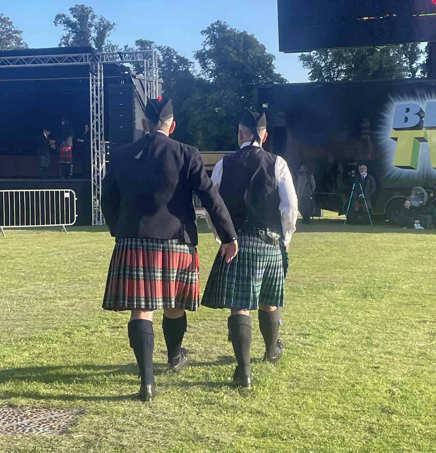 Field Marshal Montgomery Pipe-Major Matt Wilson (left) and Inveraray & District Pipe-Major Stuart Liddell go up to receive their second and first prizes, respectively, at the 2025 European Championships.
