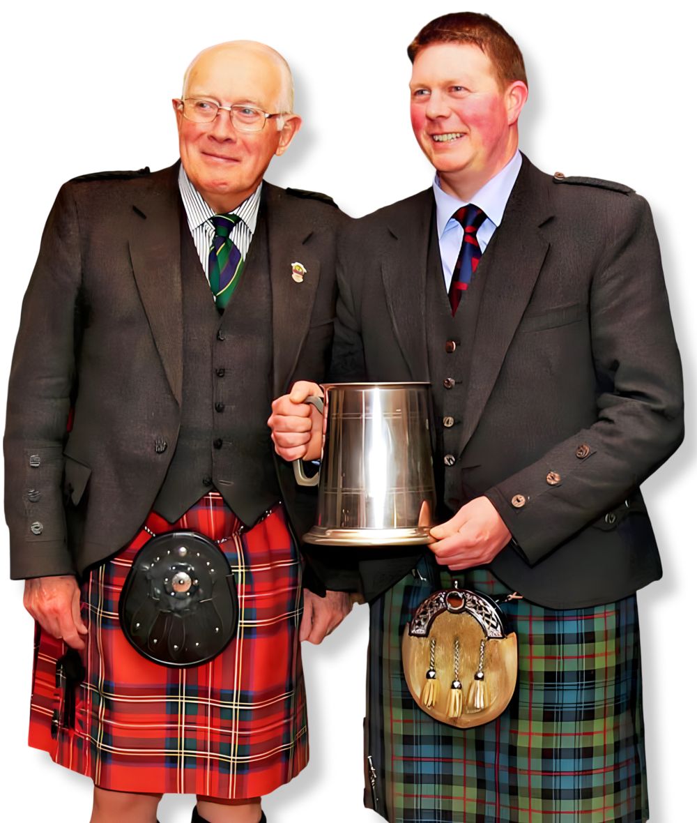 Ian McLellan (left) always supported and encouraged solo pipers, here with Douglas Murray, winner of the Pipe-Major's Wheel of Fortune Competition, February 2016.