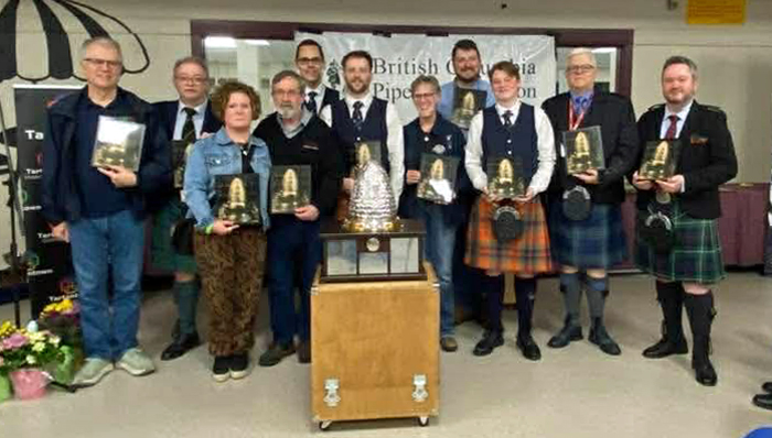 MacCrimmon Cairn winners at the 2026 BCPA Annual Gathering. (L-R) Jack Lee, Bruce Gandy, Jacquie Troy (for her late father, Jamie Troy), Hal Senyk, Zephan Knichel, Alistair Lee, Ann Gray, Andrew Lee, Cameron Bonar, Terry Lee, Alex Gandy.