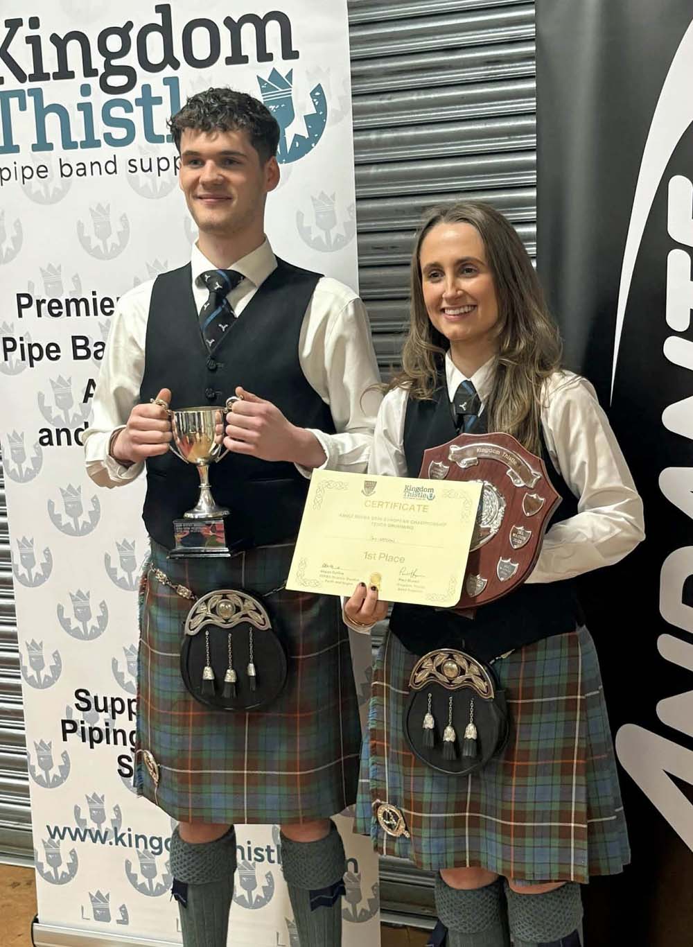 Kerr McQuillan and Jill Watson with their 2026 European Solo Drumming trophies