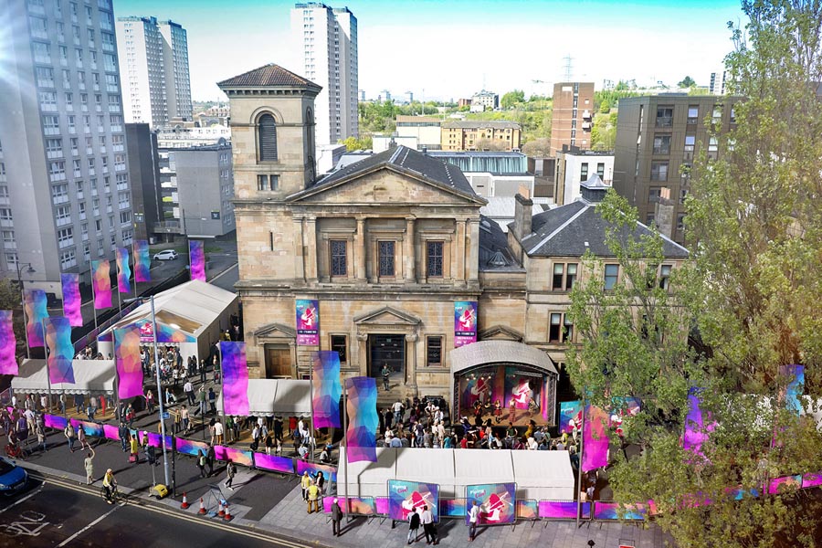 An arial shot of the National Piping Centre's McPhater Street headquarters, and the expanded 2025 Piping Live! festival