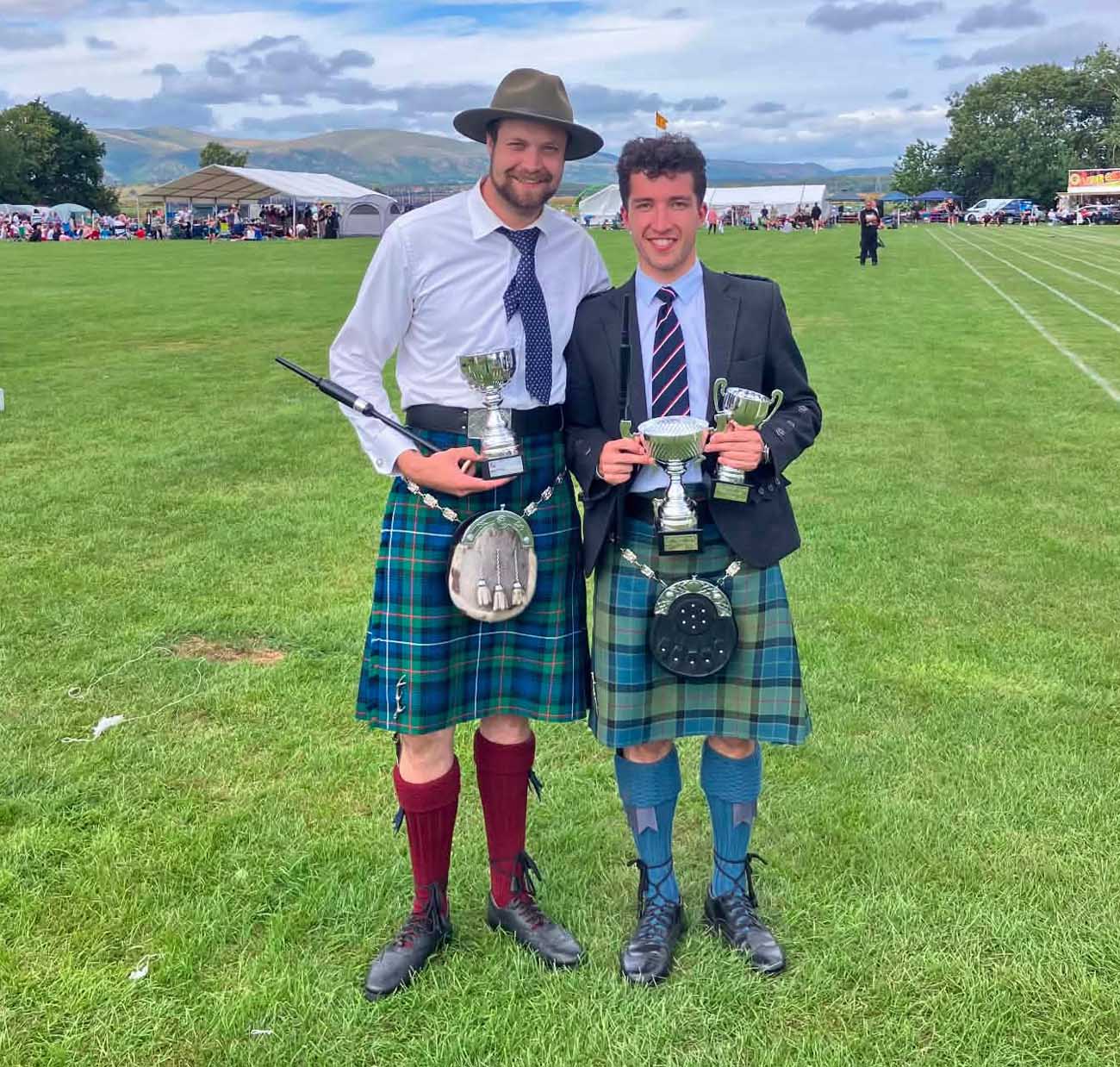 Callum Carn (left) and Campbell Wilson and the fruits of their piping labours at the 2026 Airth Games