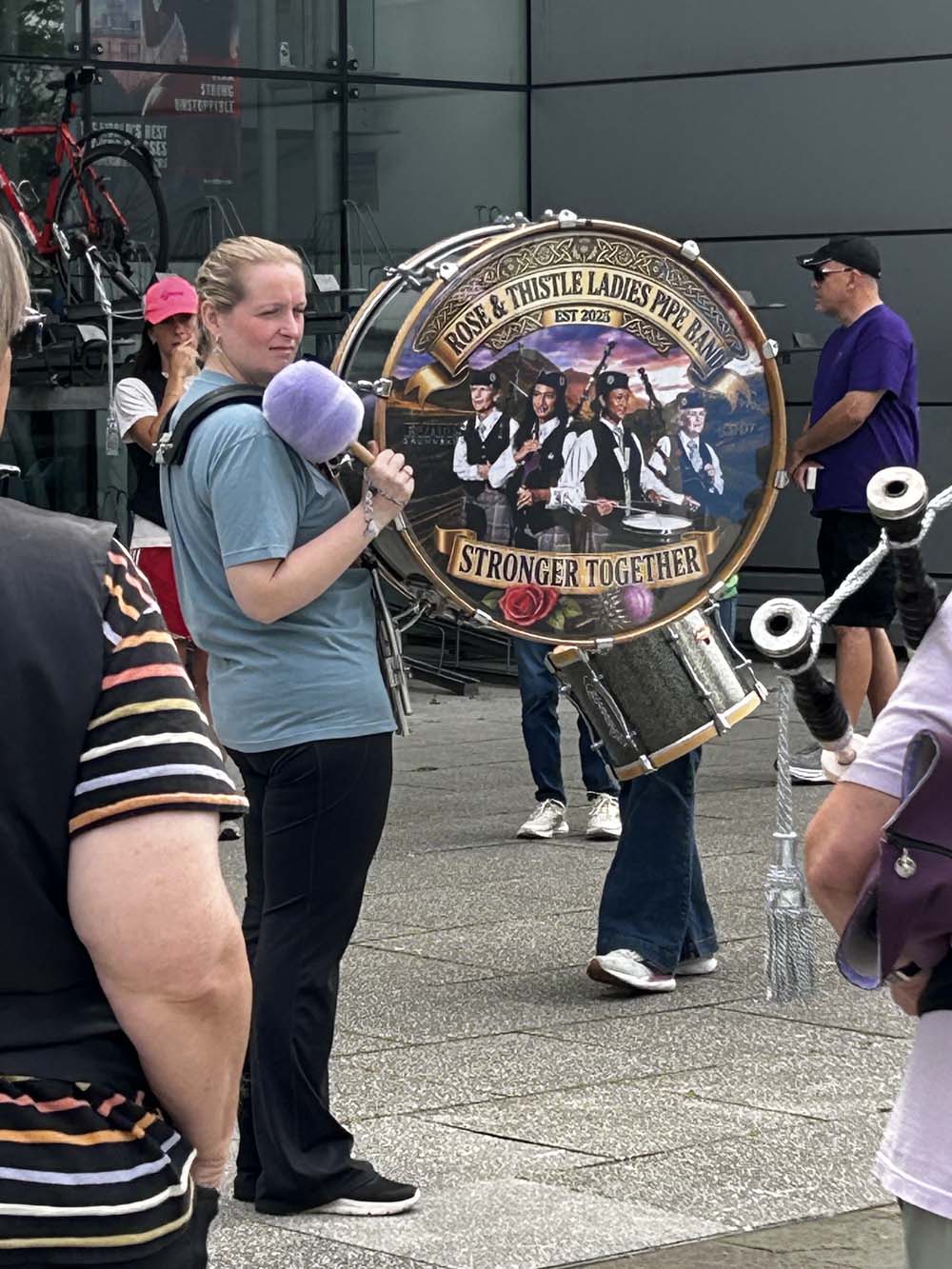 The Rose & Thistle Ladies Pipe Band getting serious at rehearsal.