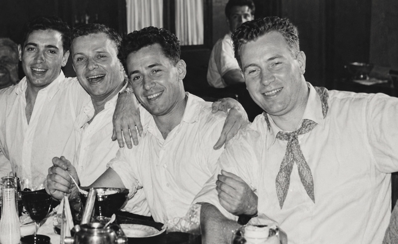 Four famous Shotts & Dykehead snare drummers (L-R): Davey Armit, Bert Barr, Wilson Young and Leading-Drummer Alex Duthart, USSR 1958.