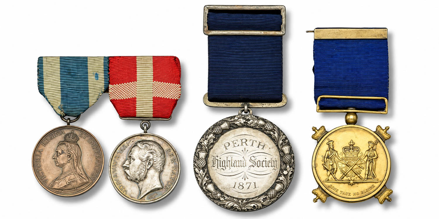 Donald MacKay's Victorian medals., The 1872 Highland Society of London Gold Medal for Pibrock is at far right.
